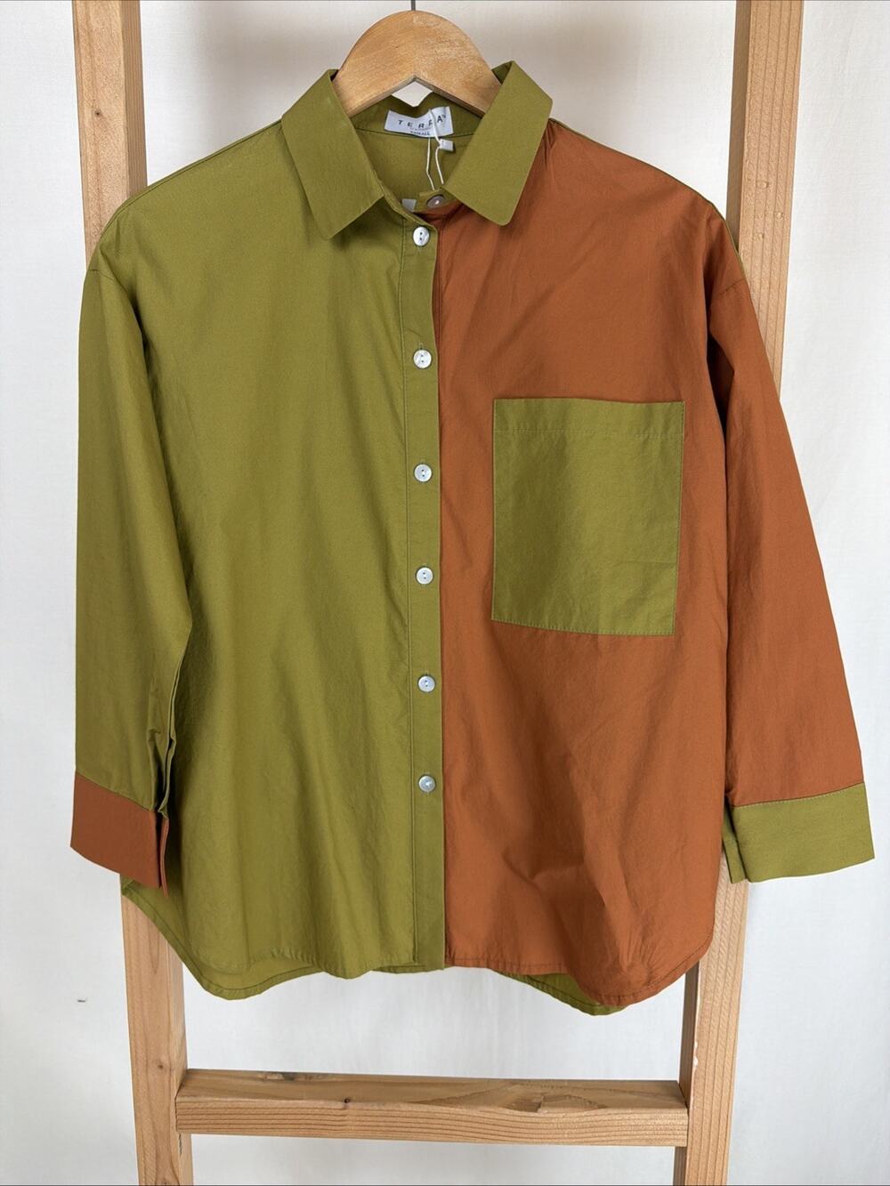NWT Terra Boutique Olive & Brick Button Up 3/4 Sleeves Blouse #0959 Size XL